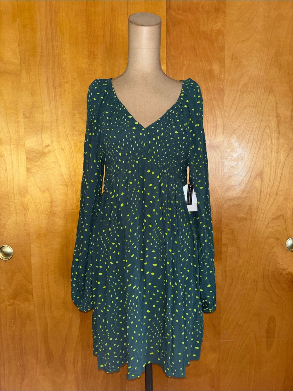bp Dark Green Long-Sleeve V-Neck Dress with Lime Dot Print